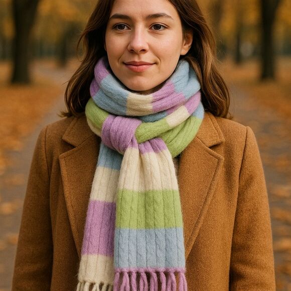 Pastel Striped Rabbit Hair Wool Nylon Scarf Cozy Soft Fuzzy Wintercore C… - Picture 1 of 5